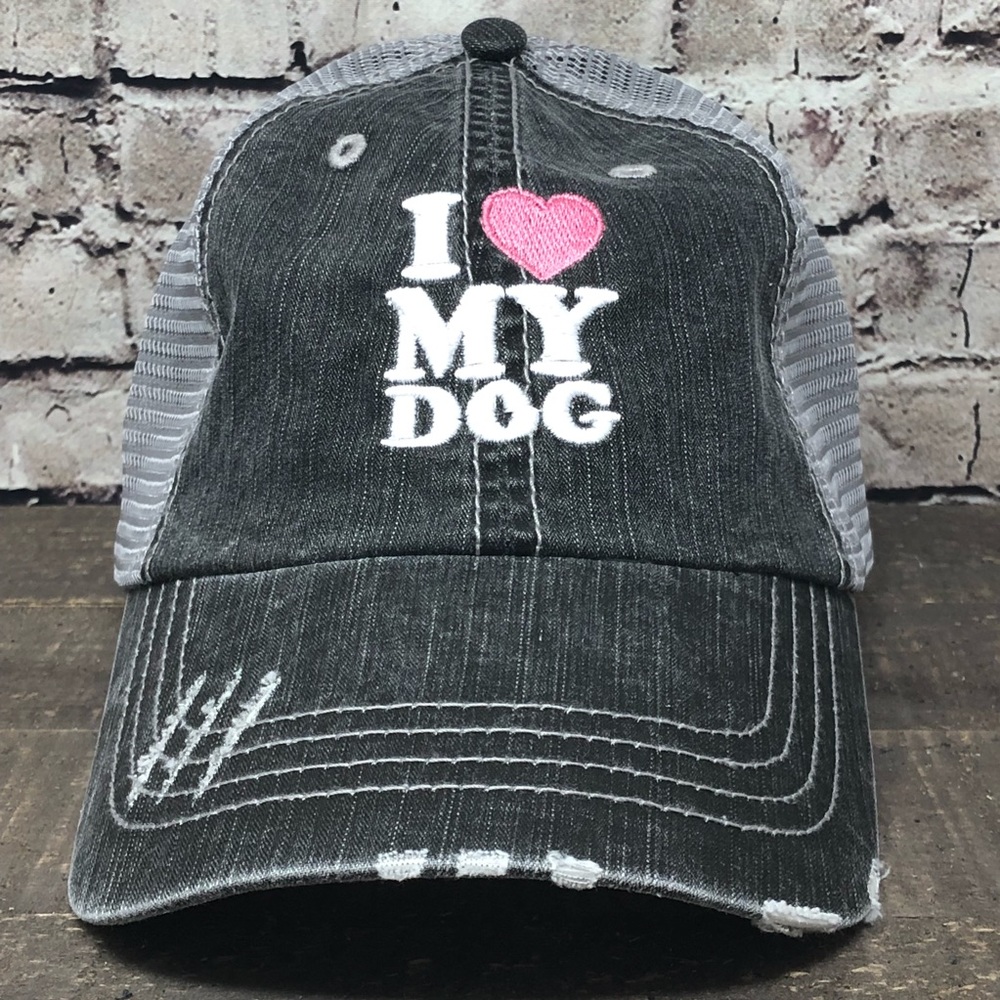 "I 💗 My Dog" Embroidered & Distressed Trucker Cap